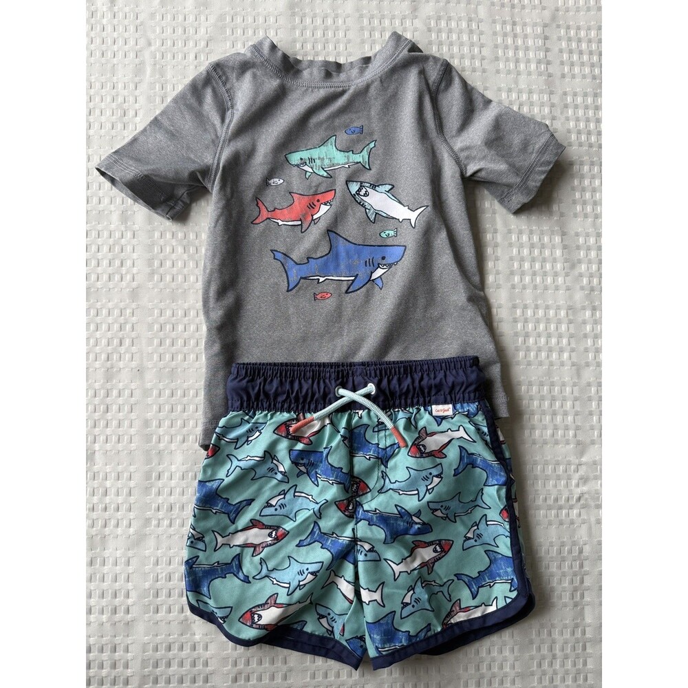 Cat & Jack Boy's Swim Set Happy Shark Rashguard 18-24 months.